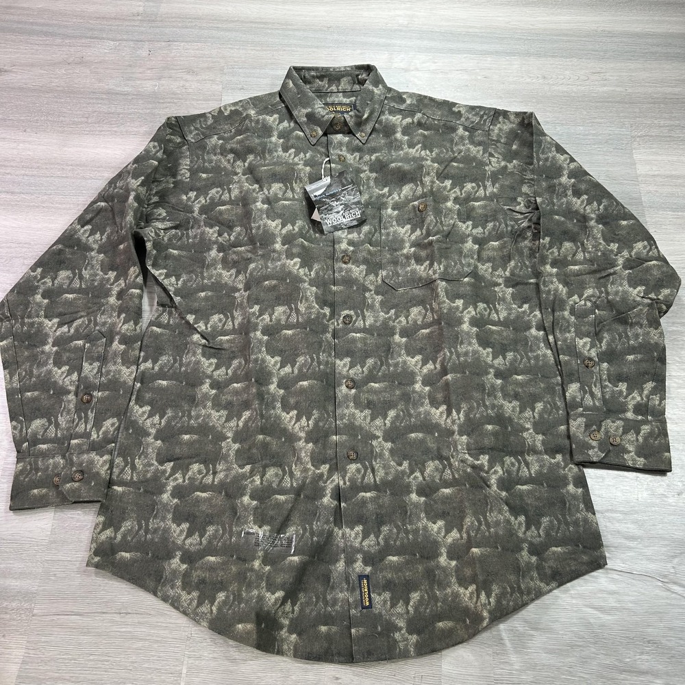 NEW Woolrich Shirt Mens Large Green Buffalo Print Long Sleeve Flannel Button Up